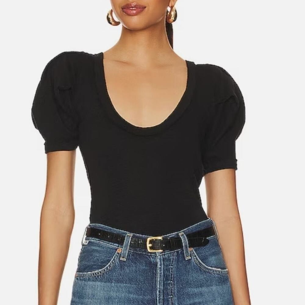 Free People Papaya Puff Sleeve Short Sleeve Knit Top Black NEW Womens XS